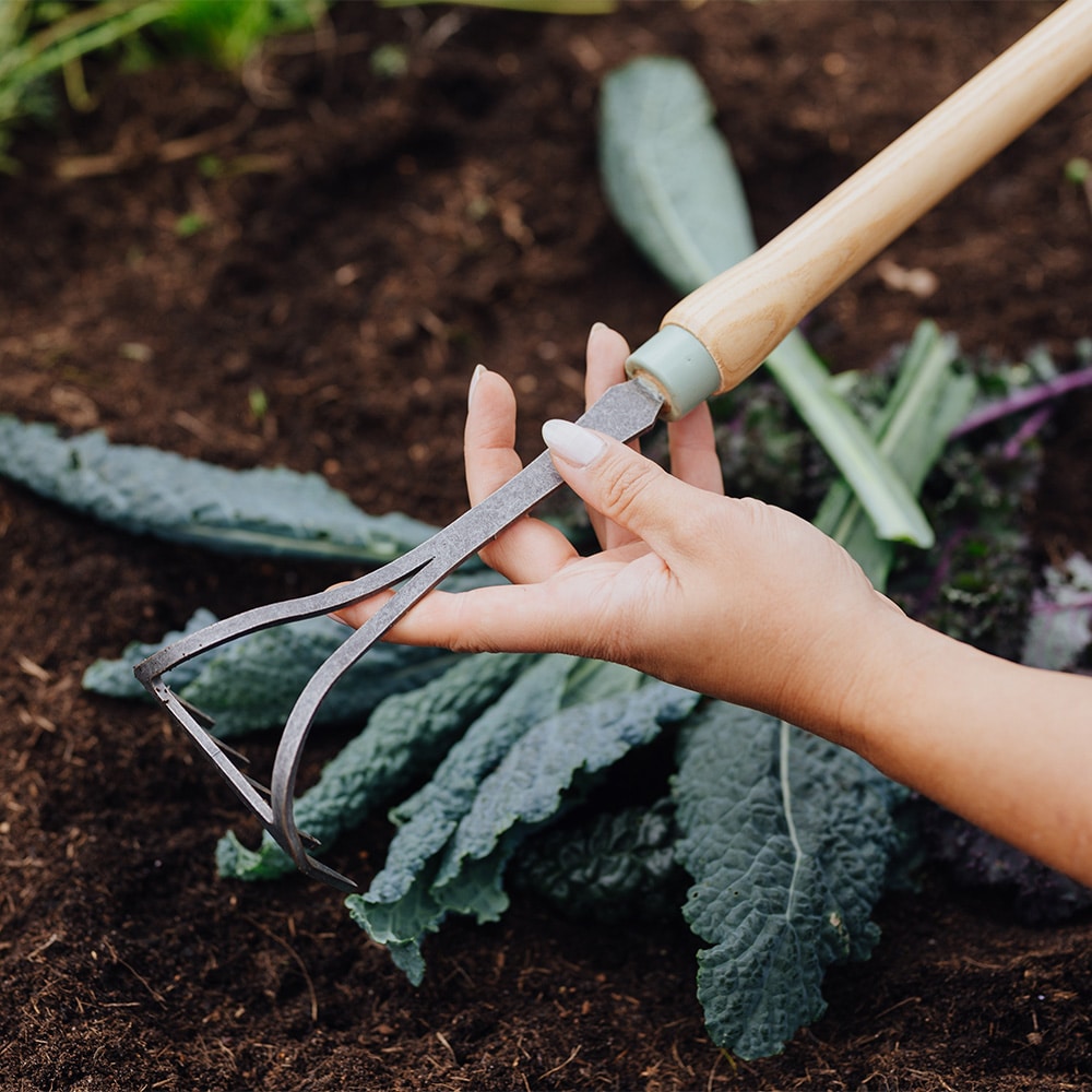 Hochbeet-Harke mit Händen im Beet
